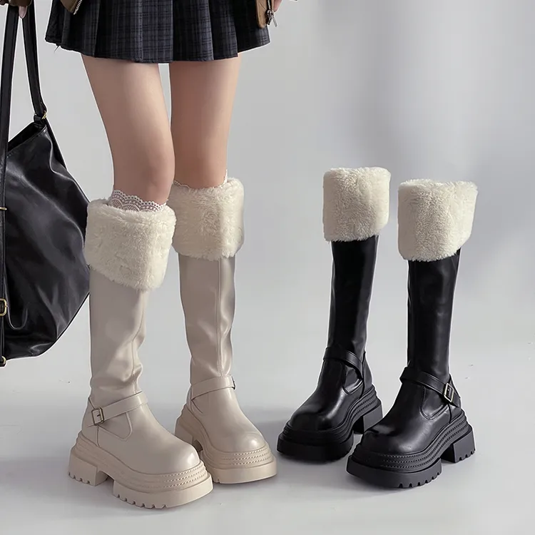 OJRZ7cm加绒厚底过膝长筒靴靴子皮带扣拼接骑士靴显瘦保暖高筒靴