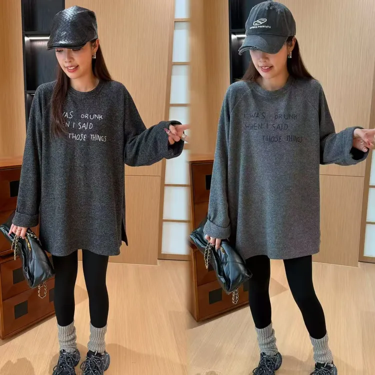 二姐的宝藏秋季刺绣休闲阔版宽松圆领卫衣长袖上衣#25396