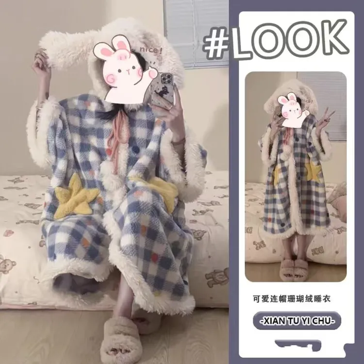 【男女同款】睡衣女冬加厚加绒玉桂狗睡袍学生连帽卡通珊瑚绒家居服