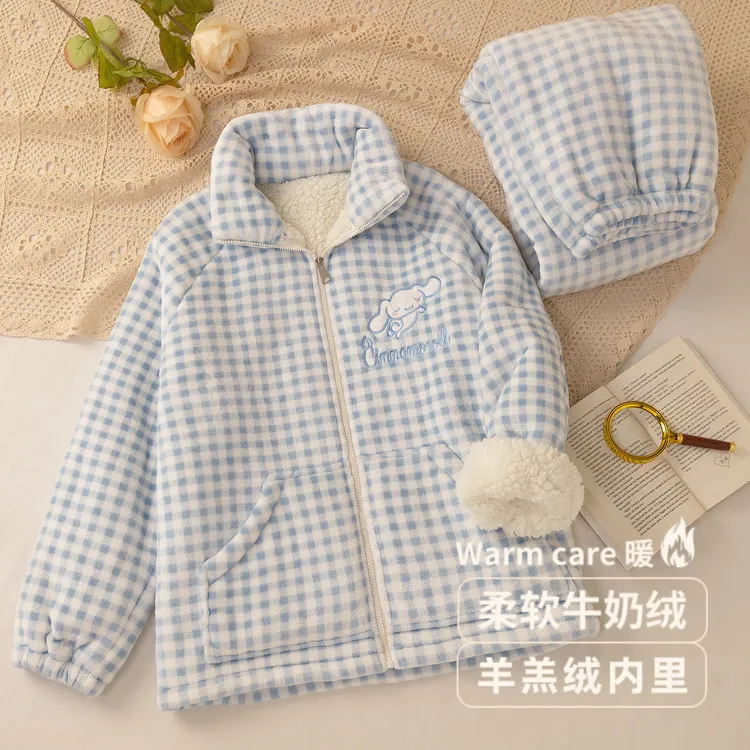 【双层加厚】睡衣女秋冬季玉桂狗可爱珊瑚绒拉链款家居服套装外穿