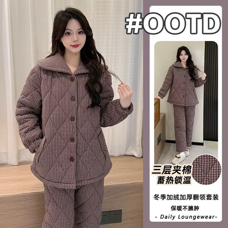 2025年冬季三层夹棉睡衣女加绒加厚保暖百搭家居服两件套可外穿