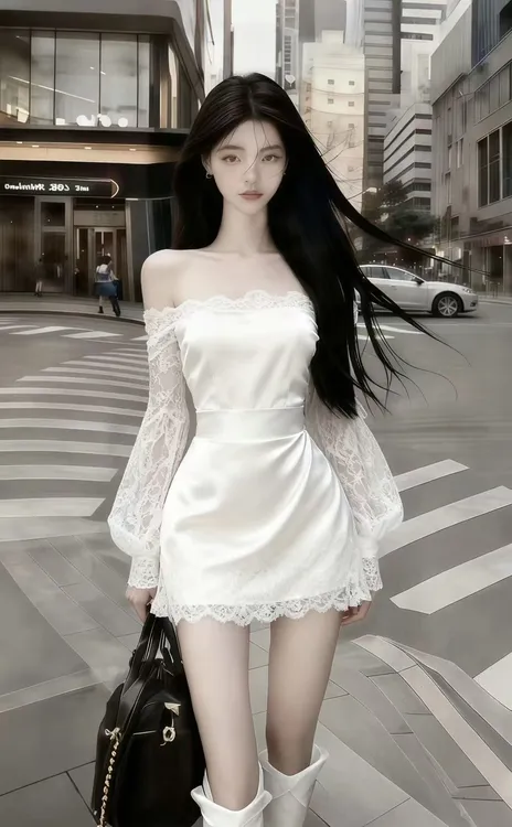 秋冬季氛围感白色蕾丝拼接一字肩露肩抹胸修身长袖收腰包臀连衣裙