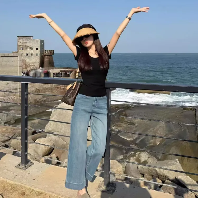 高质感大码宽松牛仔裤奶奶裤春秋新款女高腰显瘦九分阔腿胖mm直筒