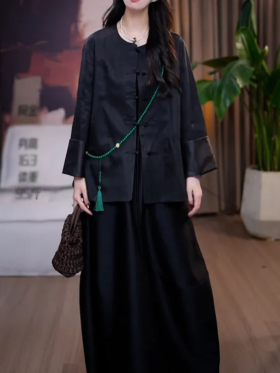 端庄优雅高级感裙套装女2025秋季新款新中式盘扣长袖衬衫+半身裙