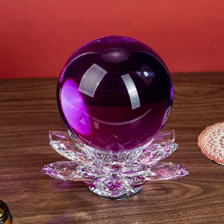 新款紫色大号手工圆形粉色透明水晶球莲花摆件创意轻奢高档