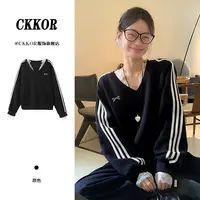 CKKOR早秋新款慵懒风v领长袖卫衣女拼接蕾丝韩系时尚刺绣宽松外套