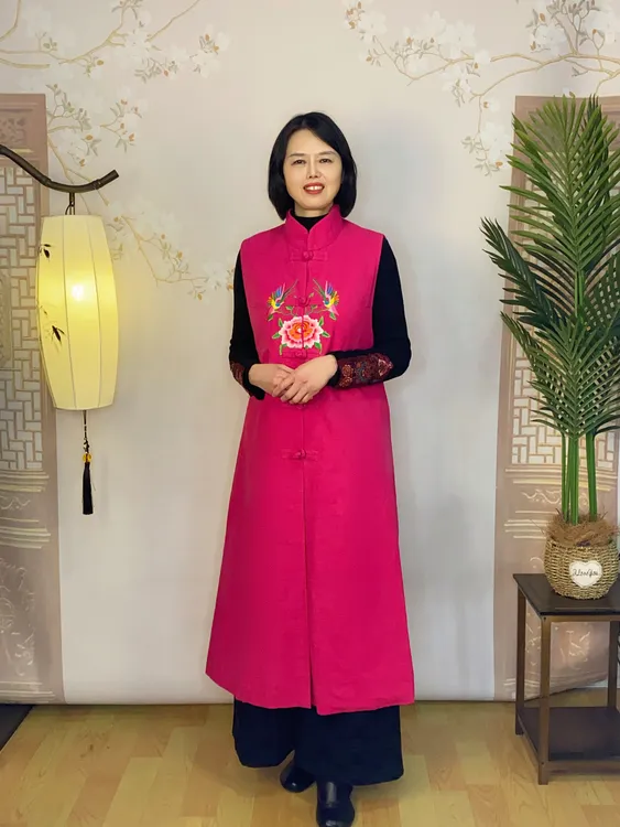 <繁花印春>春秋黑玫双色重工刺绣马甲裙中式优雅妈妈装8253