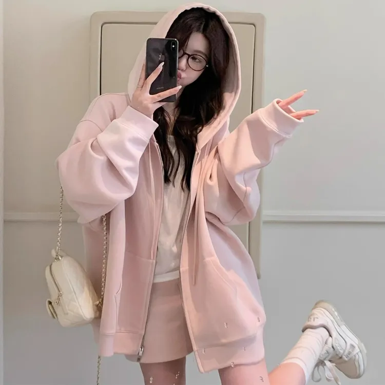 粉色连帽外套女2025新款秋韩系chic卫衣小个子宽松慵懒风拉链开衫