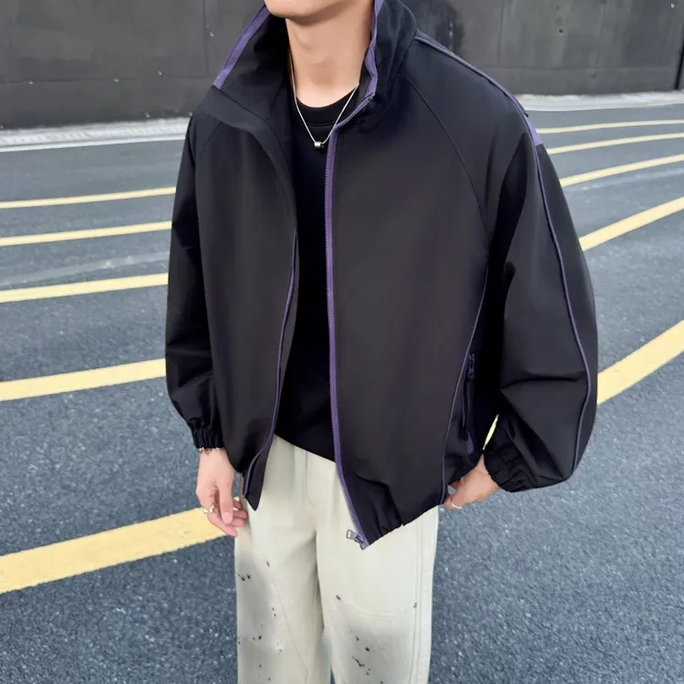 美式复古立领夹克衫男春秋季线条撞色设计感男士休闲外套2025新款
