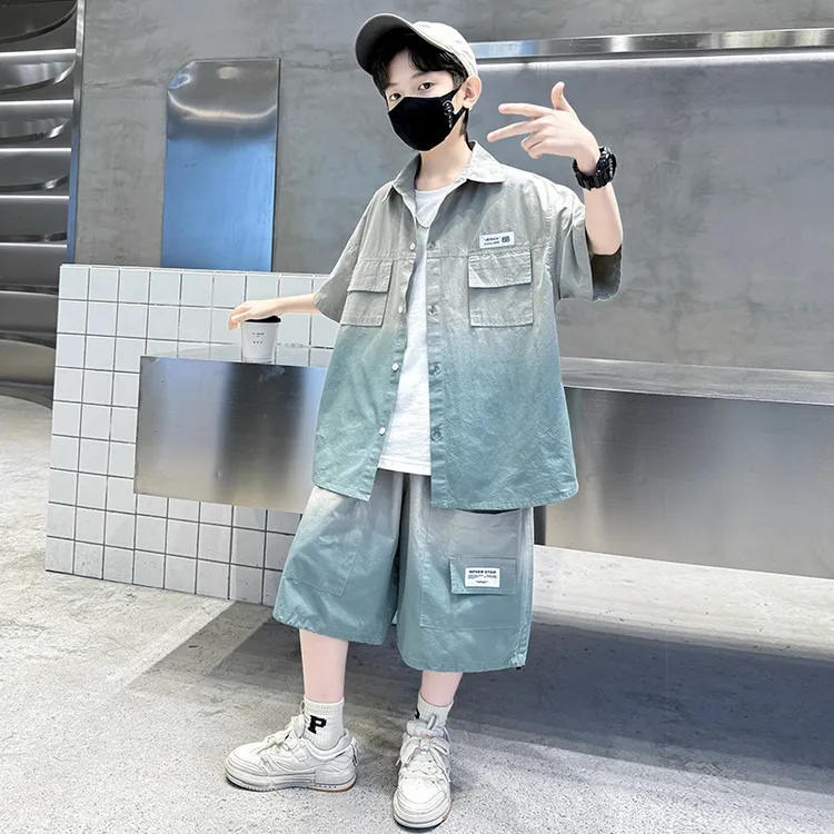 男童夏装套装2025新款夏季洋气中大儿童夏款短袖衬衫酷帅男孩衣服