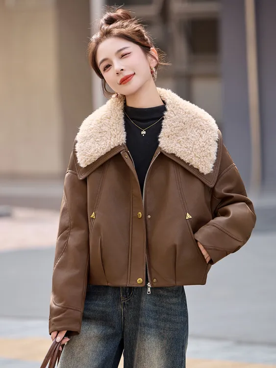 时尚羊羔毛大翻领加棉PU皮衣外套女2025冬季宽松洋气减龄短款棉服