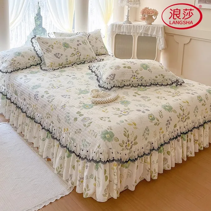 浪莎ins韩式小碎花全棉夹棉加厚床单公主风床裙纯棉床盖三件套