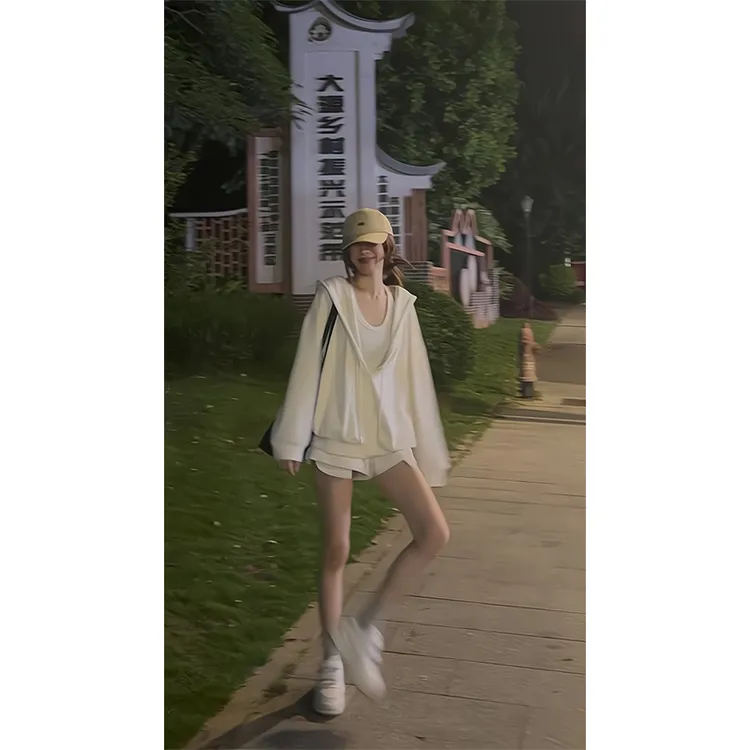 2025新款女士早秋季美式复古街头连帽开衫卫衣外套高腰显瘦短裤