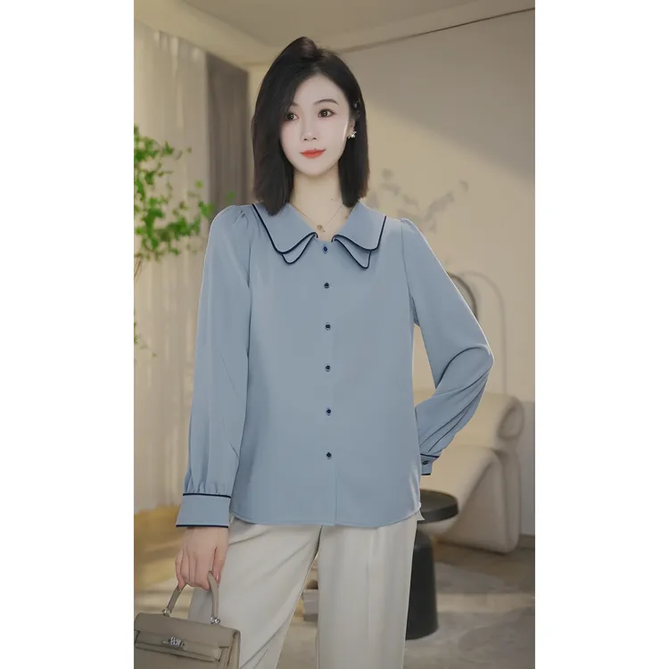 【小北甄选】曼贝8593241A灰蓝色衬衫衬衣女设计感小众气质宽松洋气