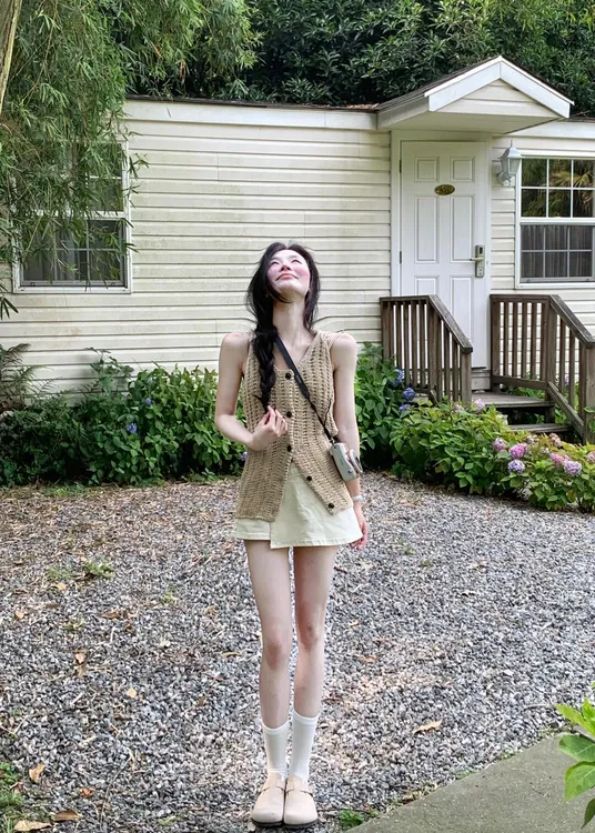 2025夏季新款法式辣妹V领修身针织衫上衣高腰设计感半身裙两件套