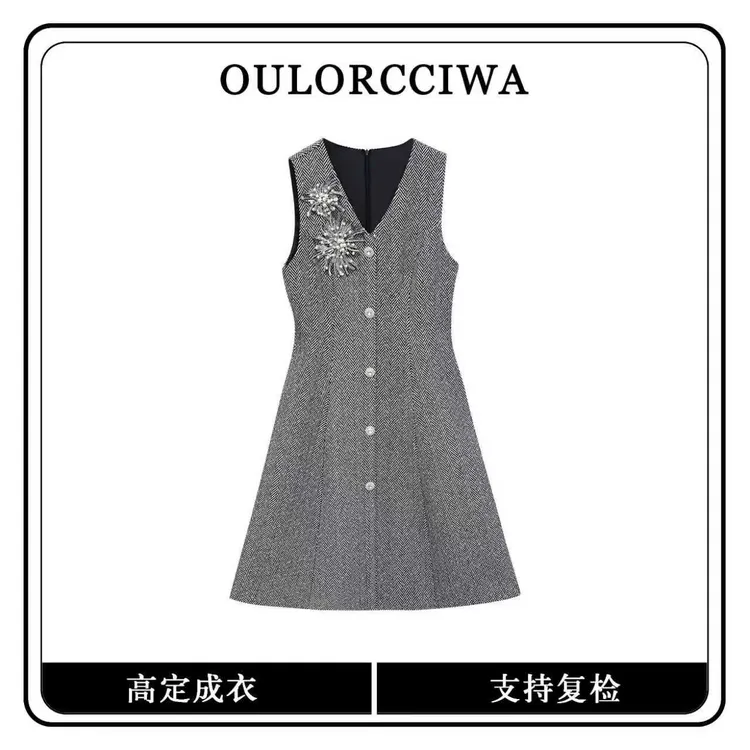 【凤穿牡丹】花朵人字纹无袖马甲裙气质显瘦遮肉背心裙OLQW-1870