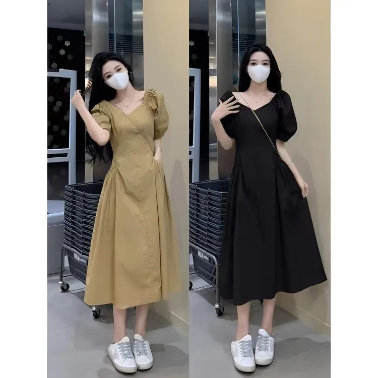 法式赫本风V领泡泡袖连衣裙女夏季大码胖mm收腰显瘦过膝a字长裙