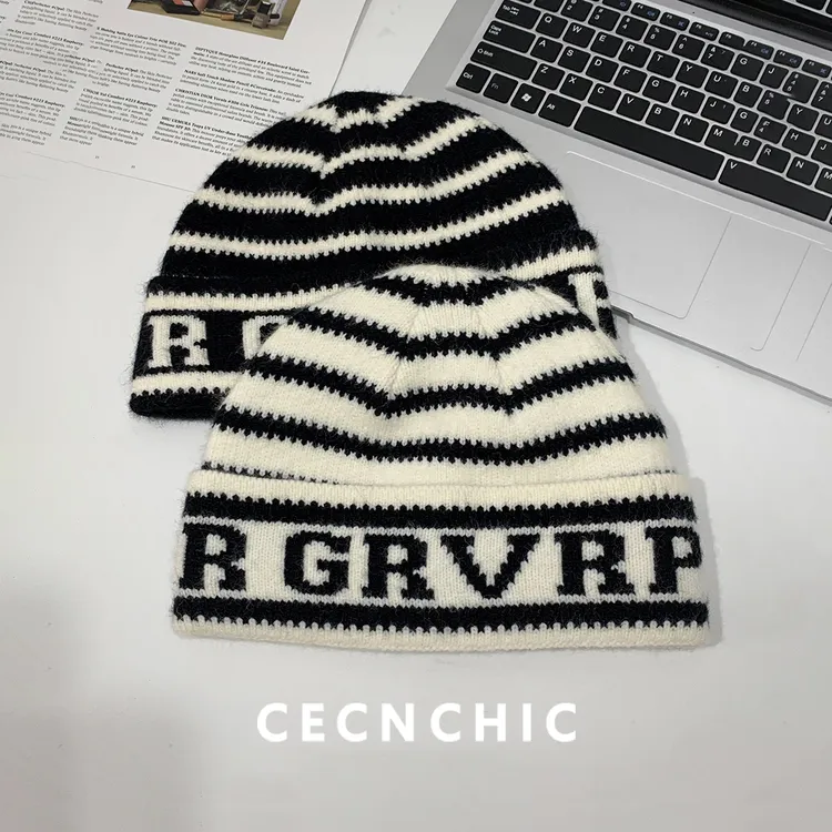 CECN韩国原版百搭条纹针织帽男明星同款秋冬保暖护耳字母毛线帽女