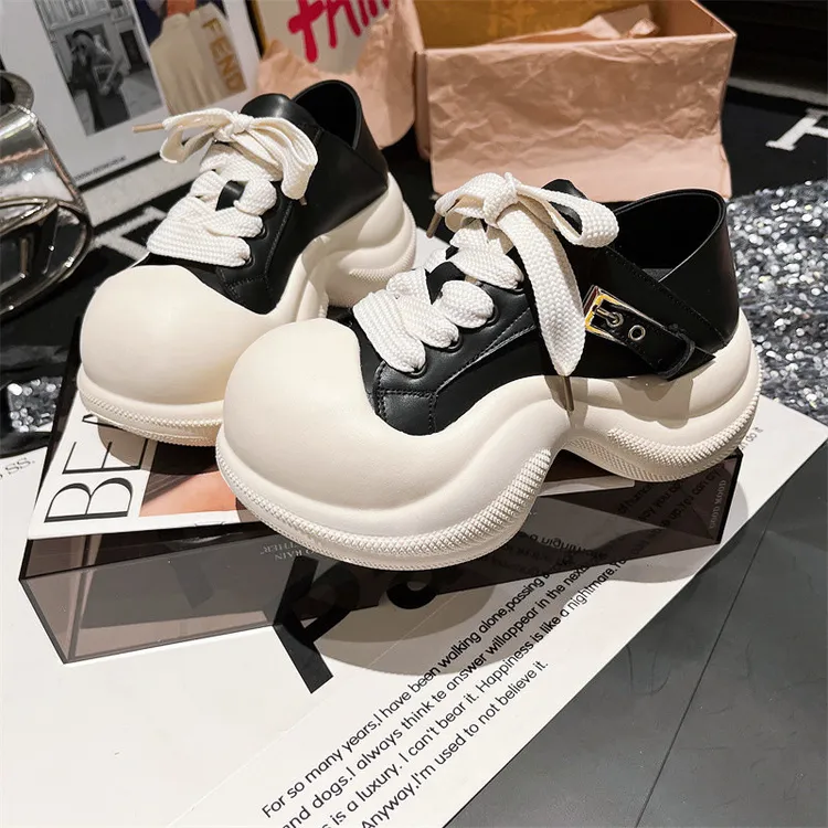 欧货真皮系带米奇大头厚底松糕弓形底小白鞋休闲鞋小个子两穿女鞋