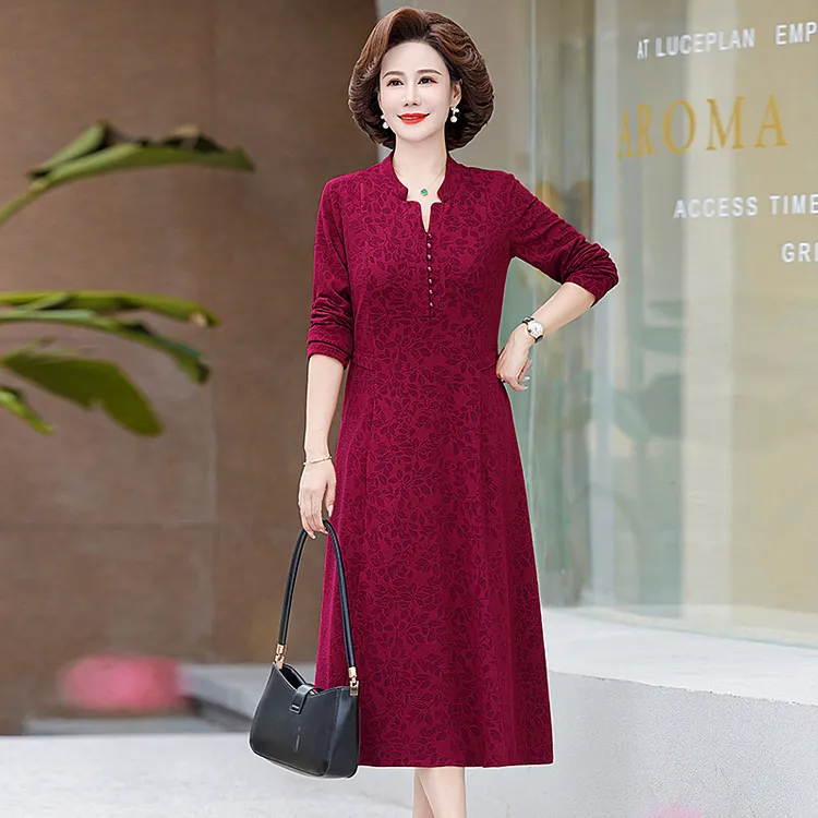 春秋新款中老年喜婆婆女装长袖连衣裙时尚洋气高贵中年妈妈裙子
