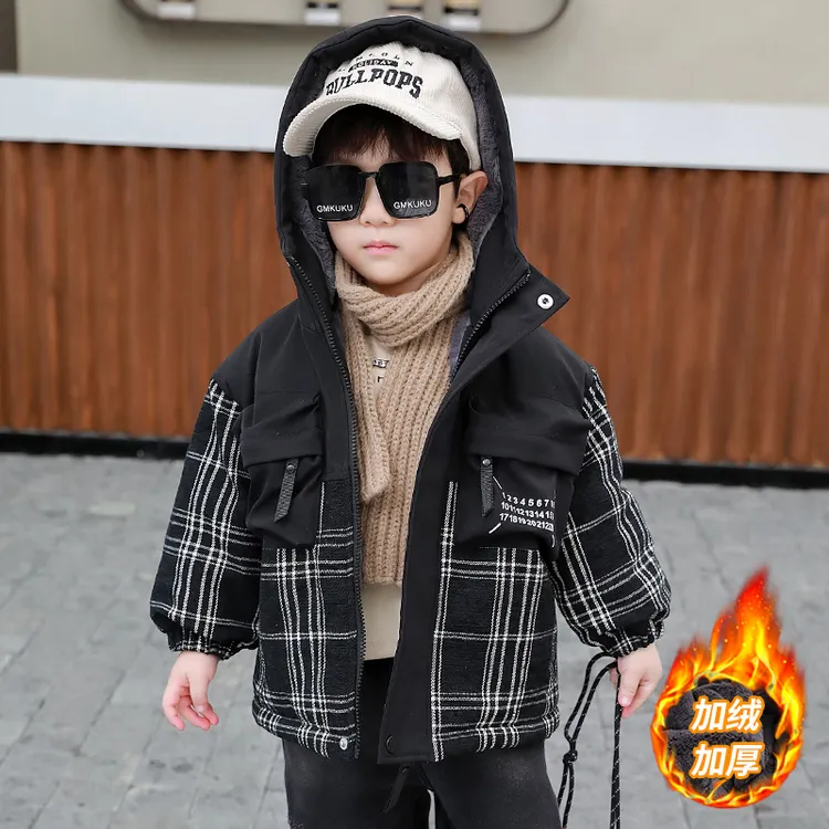 男童兔毛派克服外套秋冬款2025新款儿童加绒厚韩系痞帅格子棉衣服