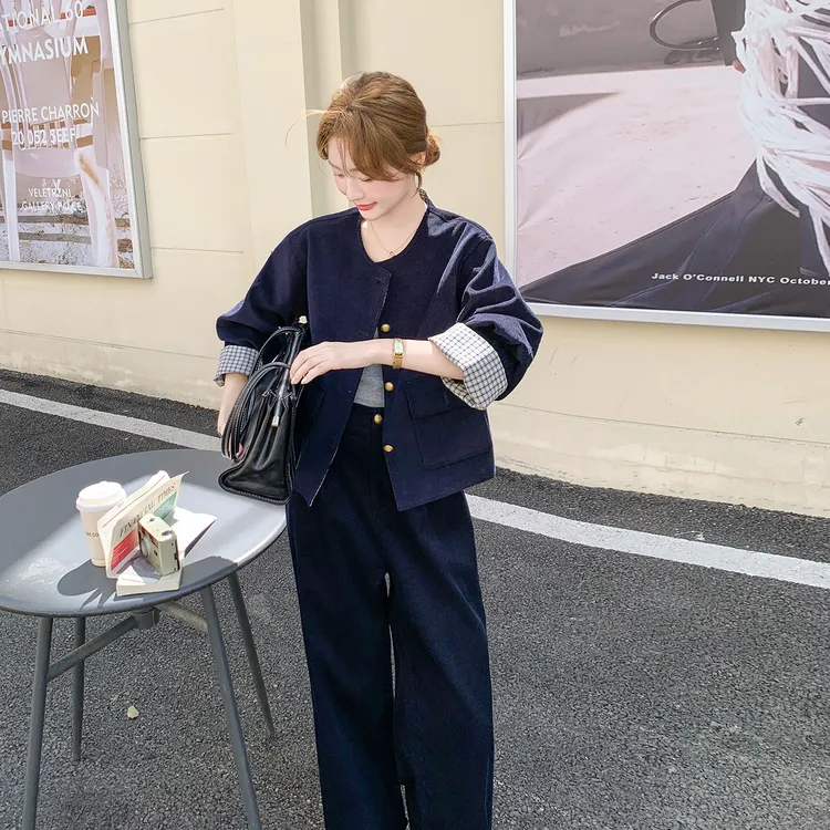 韩系格纹拼接灯芯绒时尚套装女2025新款小众炸街上衣阔腿裤两件套