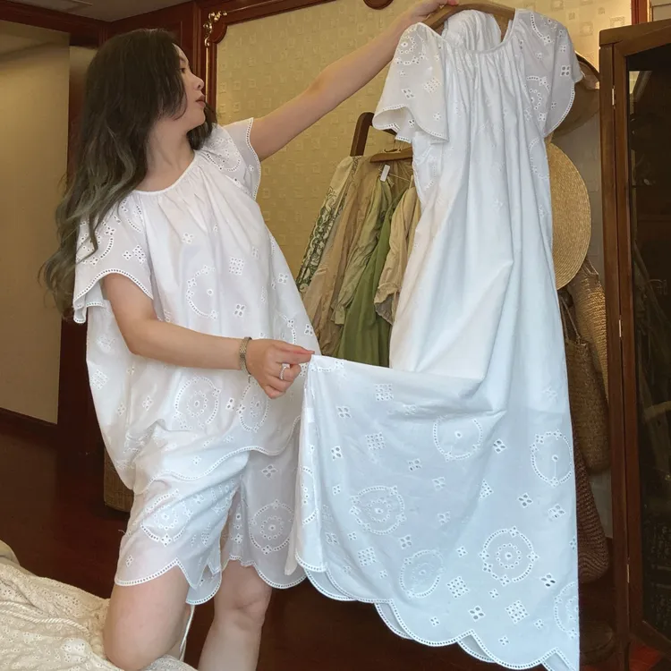 睡衣女夏季宽松短袖短裤套装2025新款纯棉法式雕花刺绣居家连衣裙