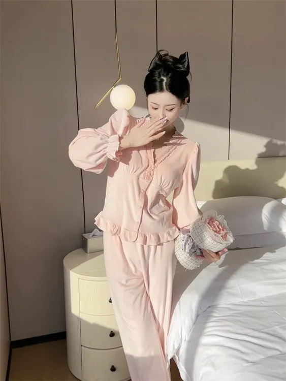 双面绒睡衣女秋冬季保暖亲肤海岛绒长袖蕾丝带胸垫外穿显瘦家居服