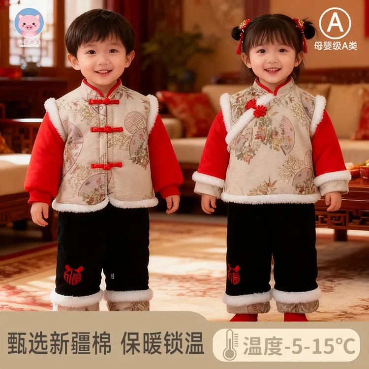（A类300克）宝宝套装新生儿拜年服男女宝宝冬季加厚分体衣新生儿中国风衣服