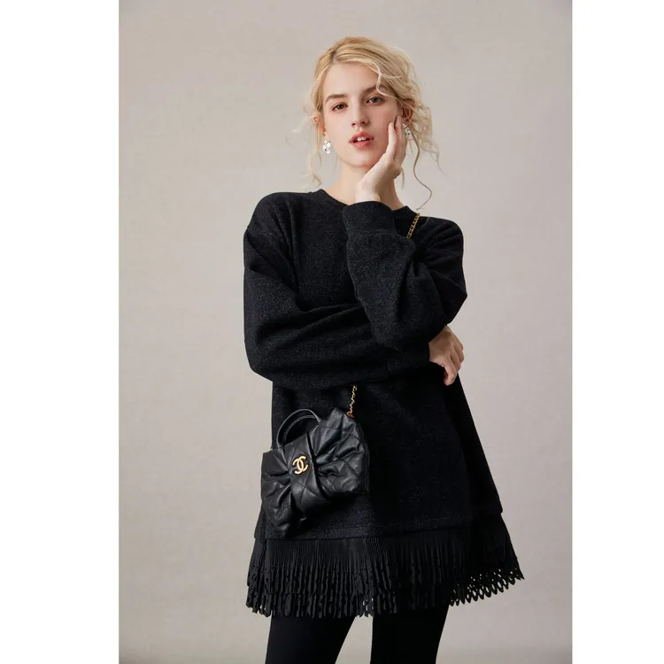 COCO BECCI【慵懒时光】天丝羊毛醋酸流苏花边卫衣裙CFJJD123031