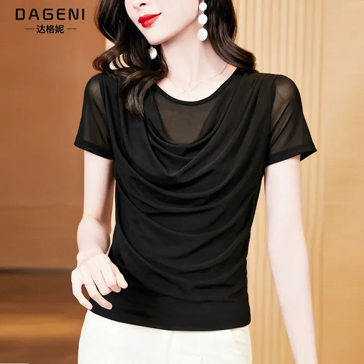 2025夏季新款短袖t恤女网纱打底衫内搭外穿洋气时髦小衫