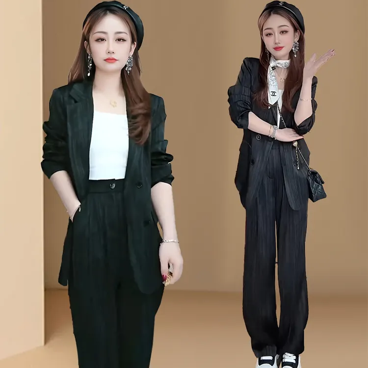 时尚西装套装女2025春秋新款薄款条纹垂坠感宽松西服阔腿裤套装女