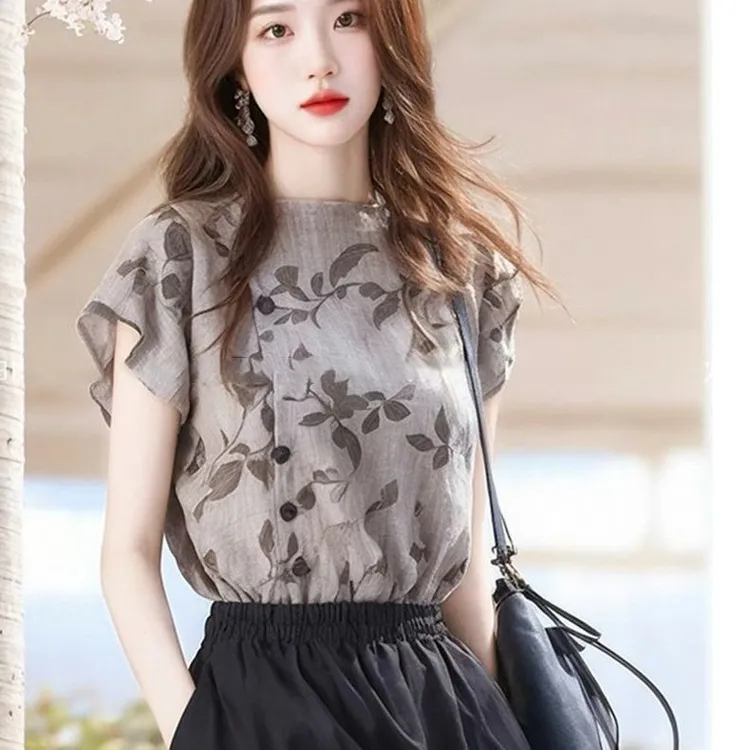 法式轻奢小飞短袖衬衫女夏季新款高级感小众独特别致碎花上衣