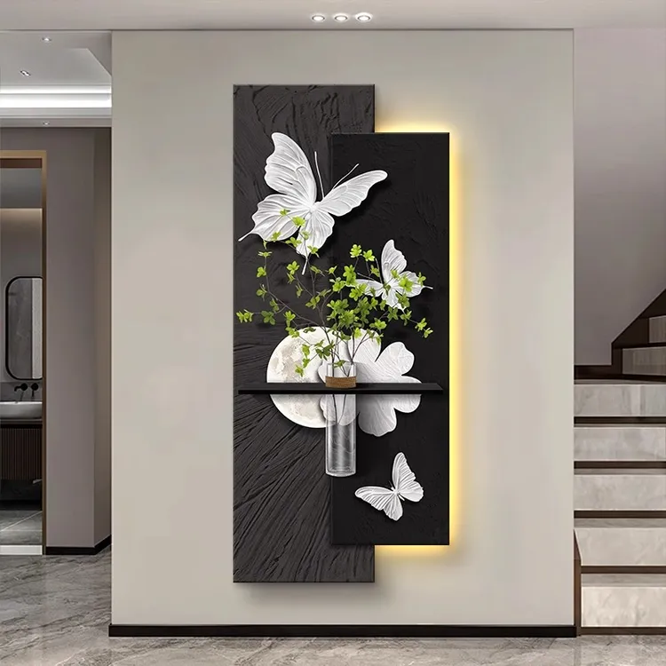新款花瓶水培绿植装饰画简约侘寂风入户玄关灯画高级感走廊壁挂画