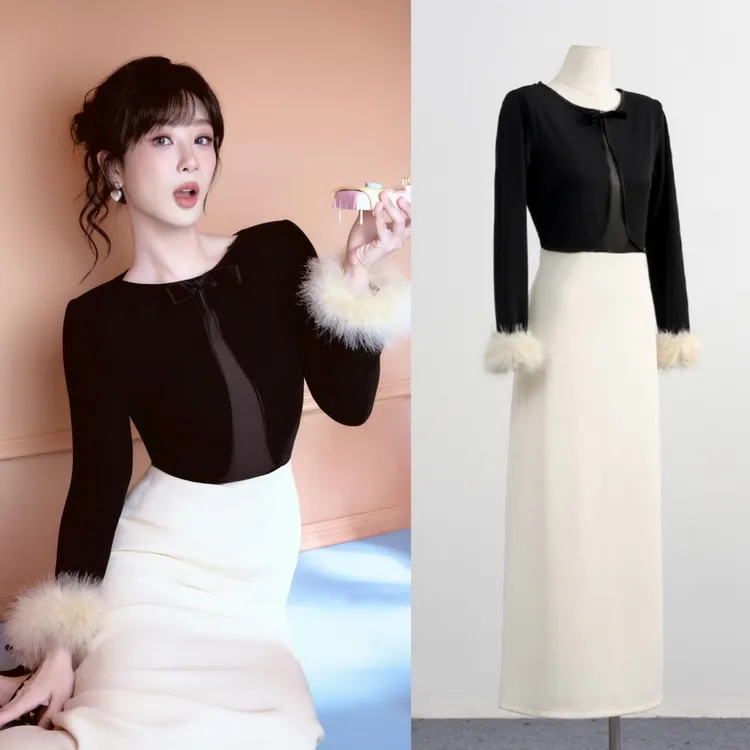 Miss Judy[陆续出]杨紫同款撞色高级感拼接网纱时尚修身连衣裙女