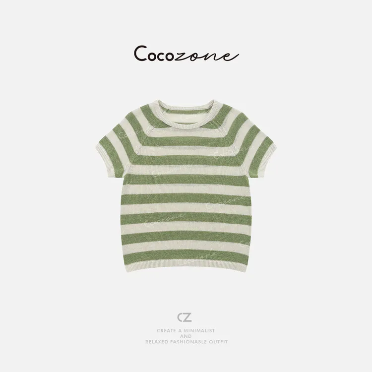 COCO ZONE 刘一一 圆领撞色条纹简约通勤风短袖毛织上衣CD2A1263