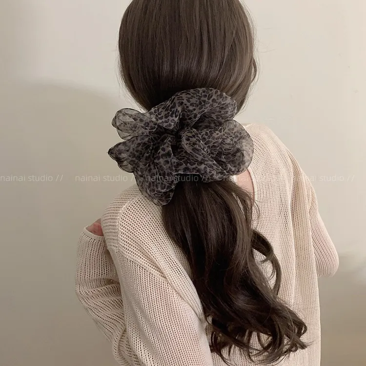 大号蓬松感！豹纹大肠发圈欧根纱丸子头甜酷辣妹发绳马尾皮筋头绳