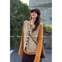 墨迹姐高个子微胖“单排扣马甲”小香风常规V领针织毛衣马夹女