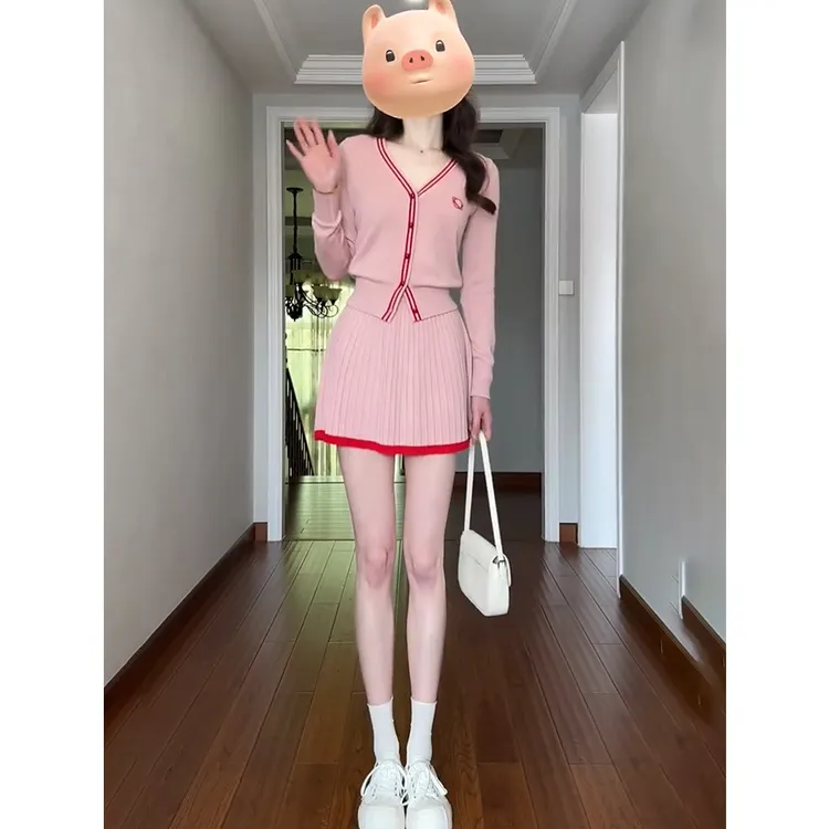 现货 学院风套装女秋冬季V领毛衣开衫高腰针织百褶半身裙两件套3