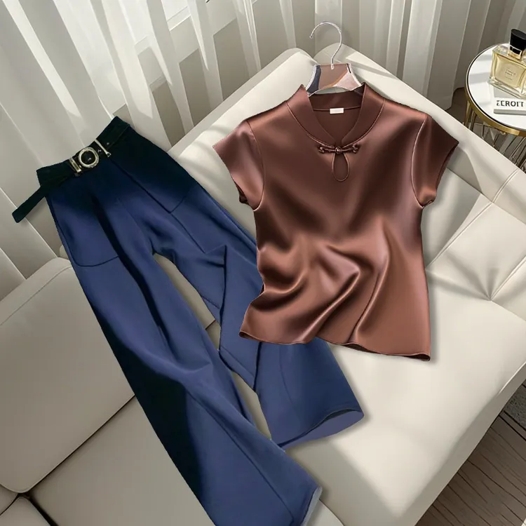 2025夏季新款轻奢小众高级感气质新中式上衣高腰显瘦直筒裤套装女