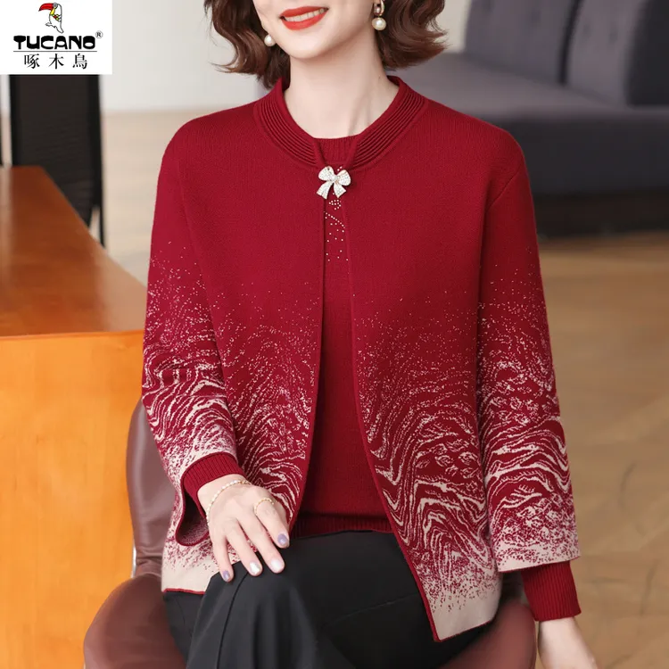 啄木鸟时尚休闲外套妈妈秋装针织开衫两件套新款中老年人女春秋毛