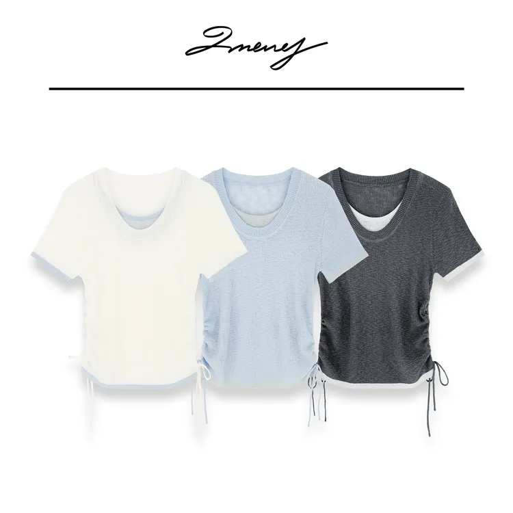 LMENY双织雅韵~设计感抽褶撞色假两件针织短袖25AM078