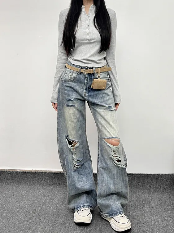 万兔的One美式复古破洞竹节纹弯刀牛仔裤男女高级感宽松垂感裤子
