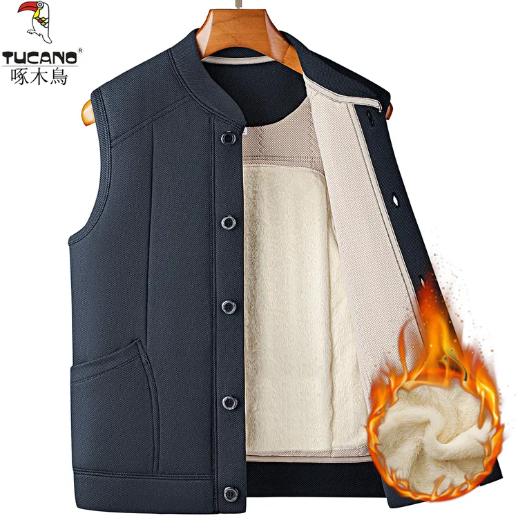 啄木鸟加绒加厚马甲男士中年60-70岁冬季保暖背心外穿棉衣爸爸装