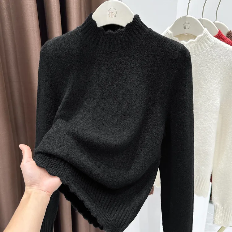 高级感黑色毛衣针织打底衫女洋气小高领叠穿内搭花边下摆长袖上衣