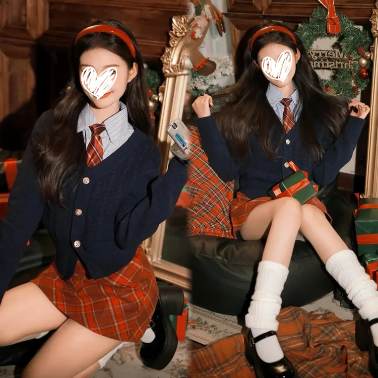 新款复古学院风polo领条纹衬衫叠穿针织开衫高腰半身裙圣诞套装