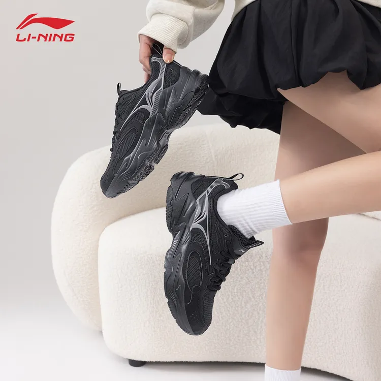 李宁运动鞋女鞋秋季新款黑色经典复古运动鞋厚底增高透气跑步鞋子