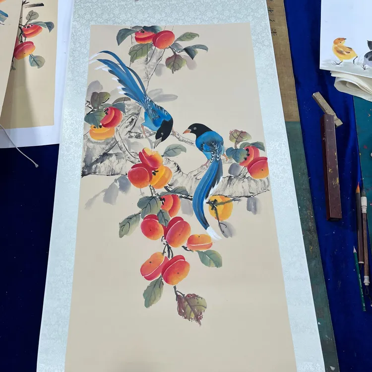 纯手绘喜鹊柿子图稿