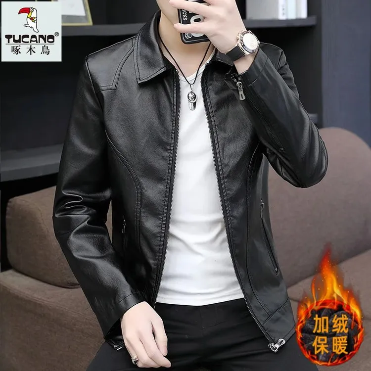 啄木鸟秋冬新款男士休闲皮衣加绒加厚大码翻领时尚外套机车皮夹克