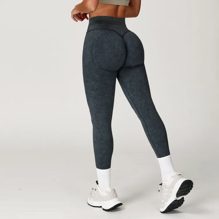 砂洗牛仔蜜桃裤三段腰收腹翘臀中腰提臀运动健身瑜伽撸铁打底裤女